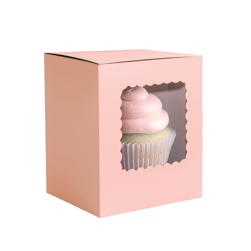 SCALLOPED SINGLE TALL CUPCAKE BOX - PASTEL PINK 6 PACK