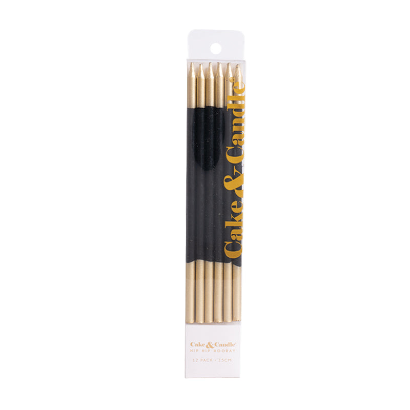 BLACK 15cm GOLD DOUBLE DIPPED Cake Candles (Pkt 12)
