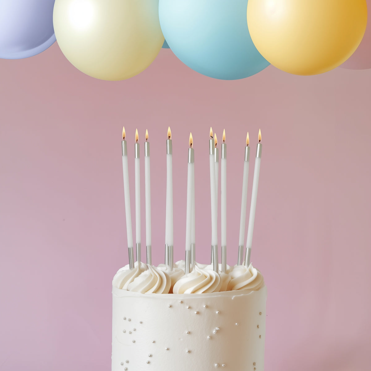 WHITE 15cm SILVER DOUBLE DIPPED Cake Candles (Pkt12)