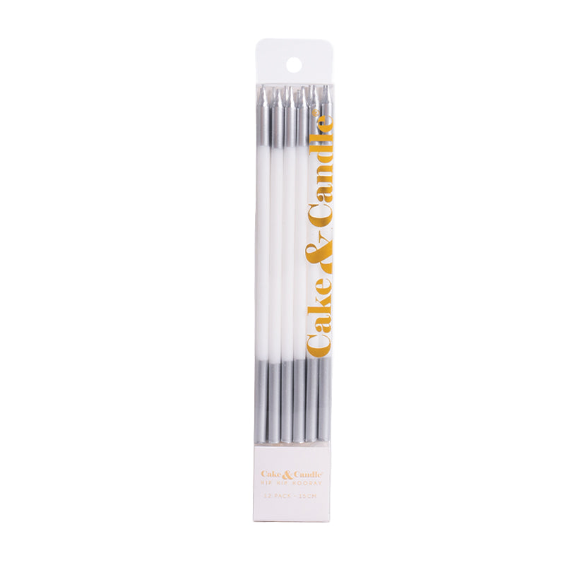 WHITE 15cm SILVER DOUBLE DIPPED Cake Candles (Pkt12)