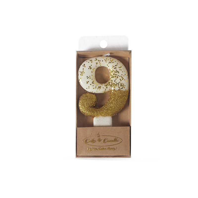 Number 9 Gold Dipped Candle 8cm
