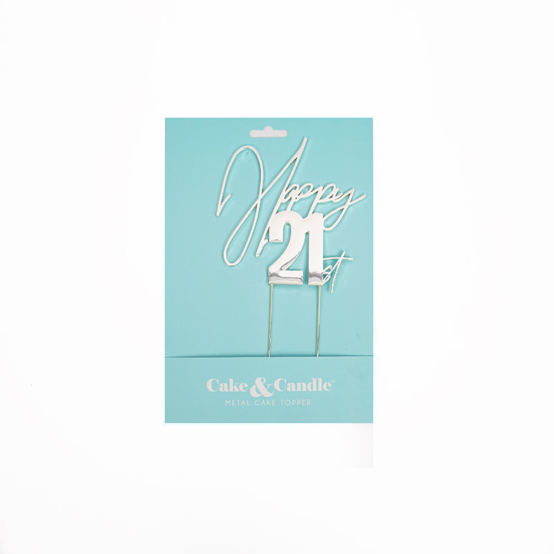 Happy 21st Silver Metal Cake Topper