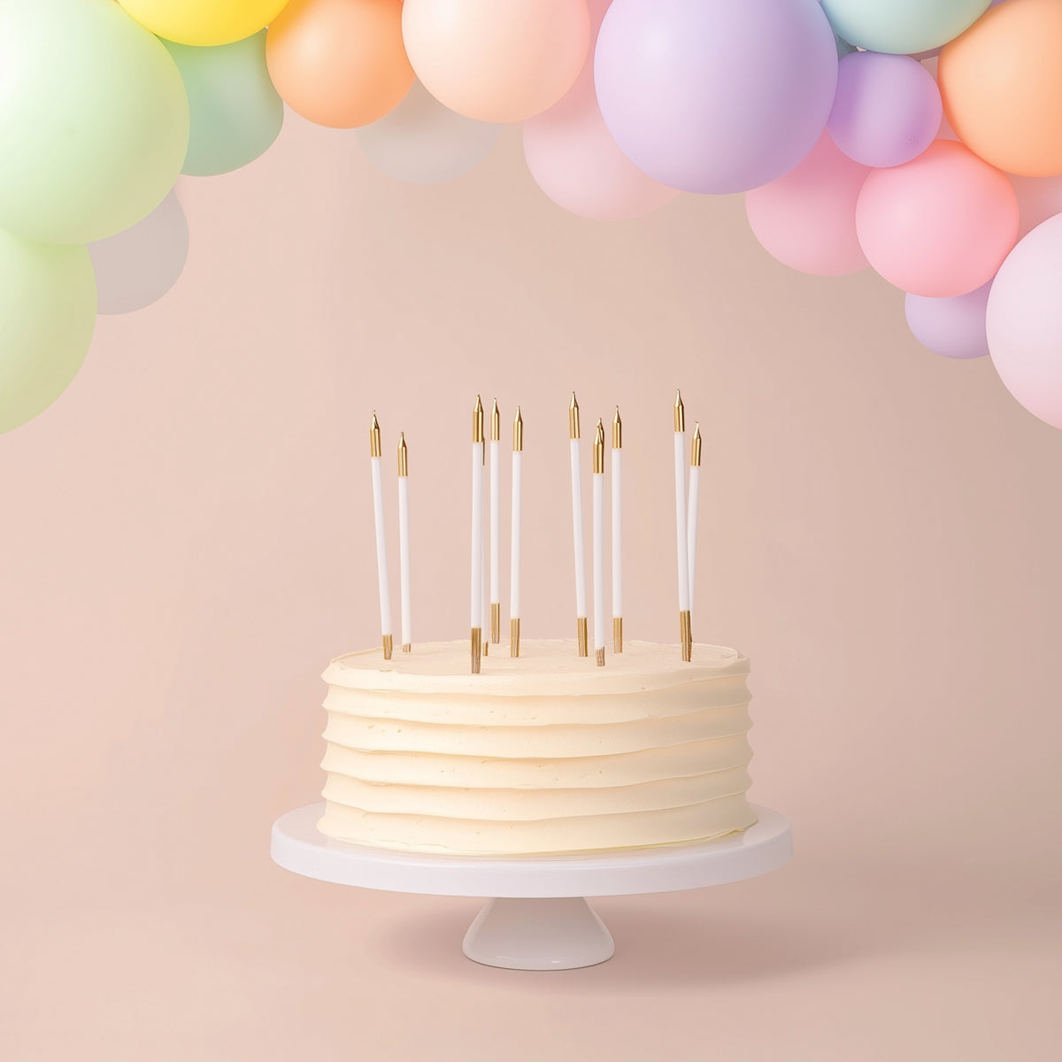 WHITE 15cm GOLD DOUBLE DIPPED Cake Candles (Pkt 12)