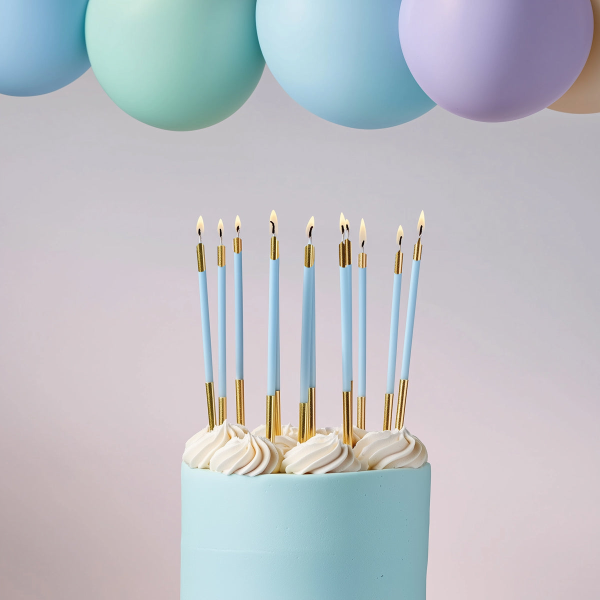 BLUE 15cm GOLD DOUBLE DIPPED Cake Candles (Pkt 12)