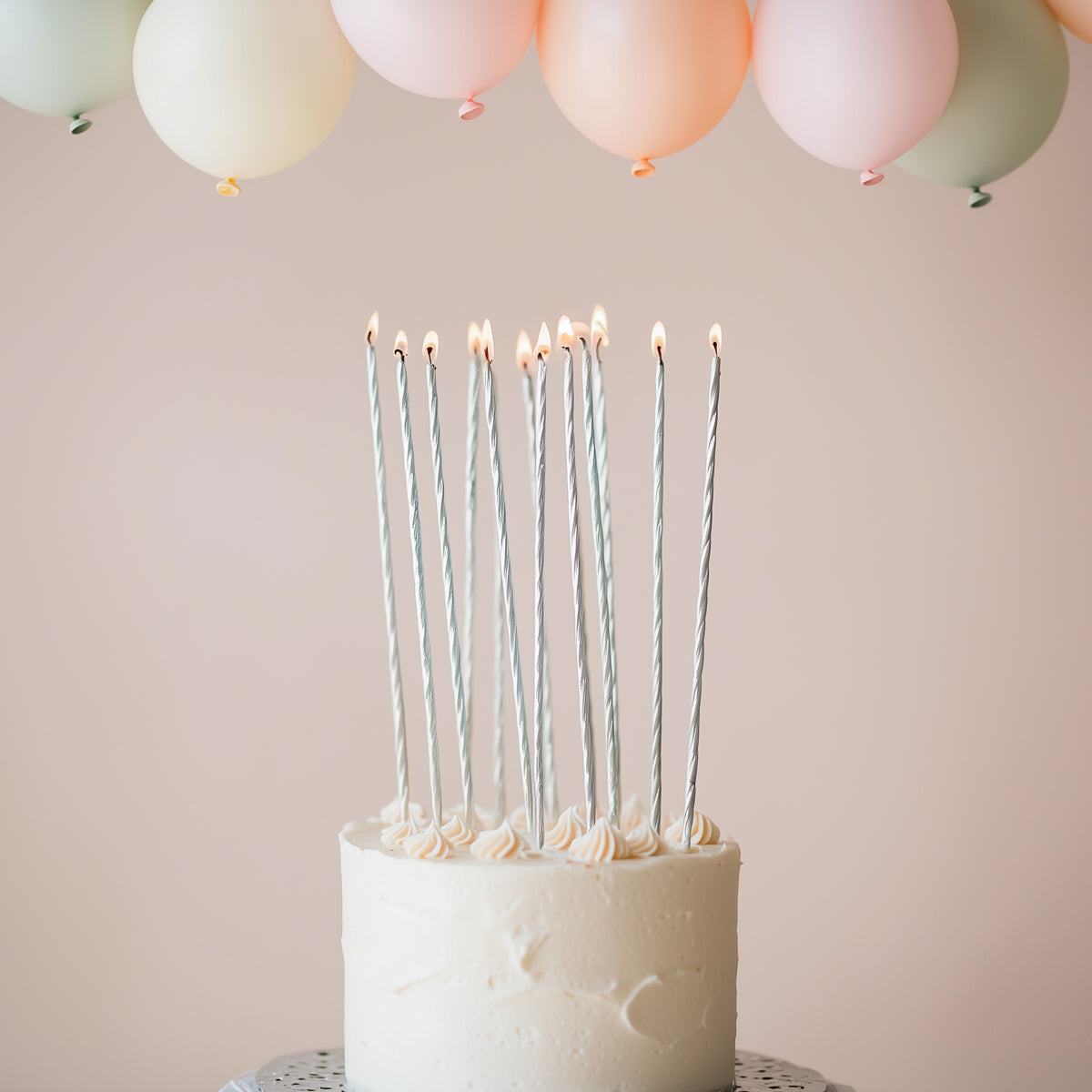 SILVER 20cm FINE SPIRAL Cake Candles (Pkt 16)