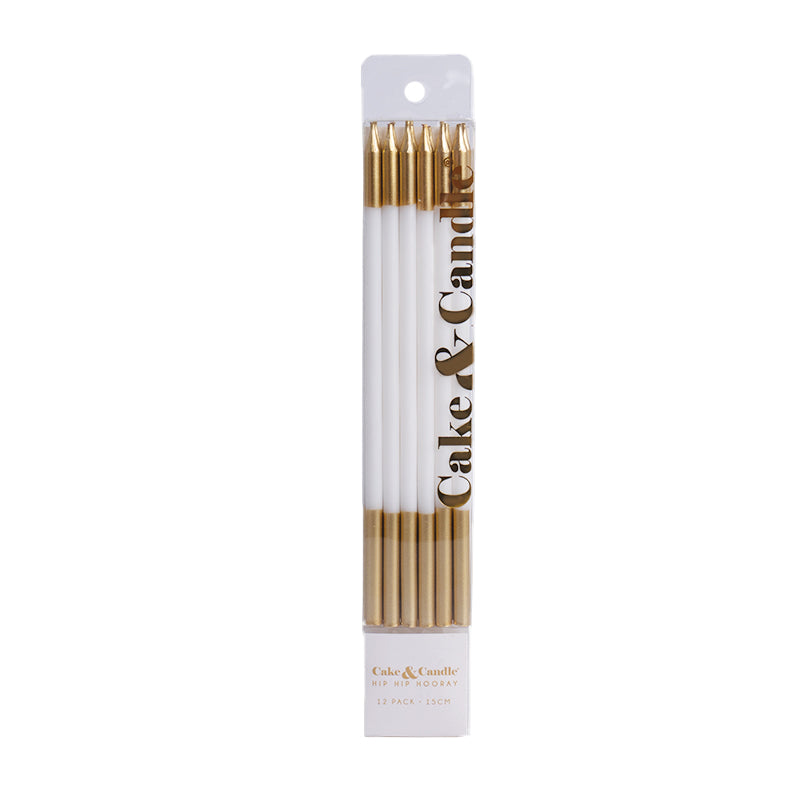 WHITE 15cm GOLD DOUBLE DIPPED Cake Candles (Pkt 12)