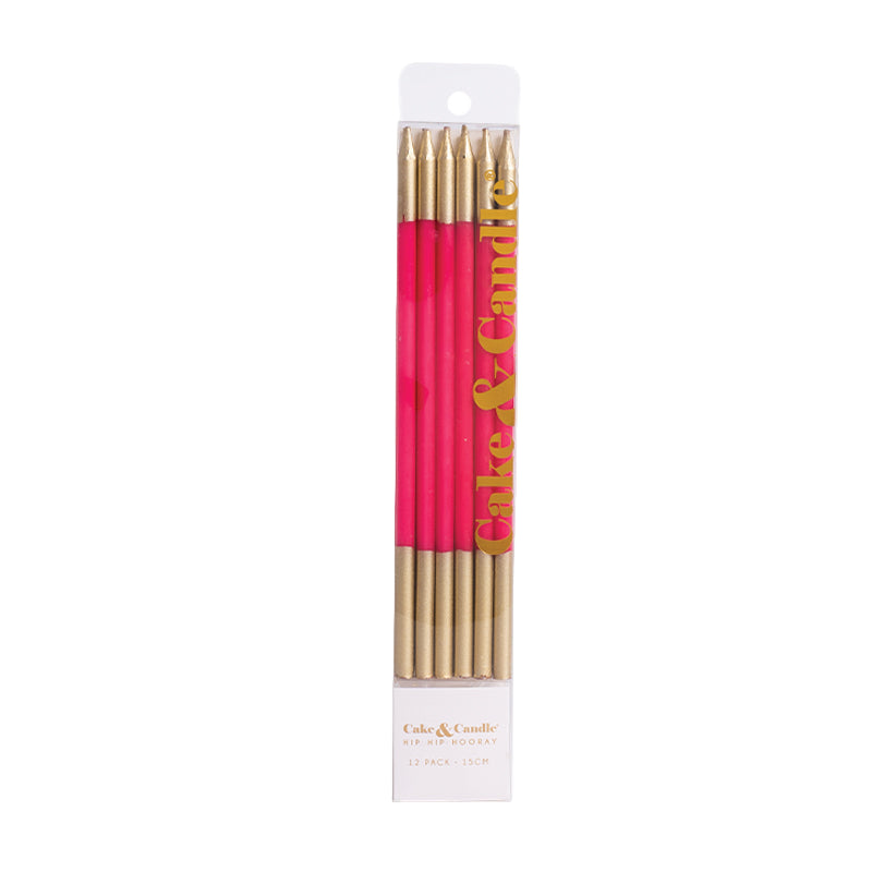 HOT PINK 15cm GOLD DOUBLE DIPPED Cake Candles (Pkt 12)