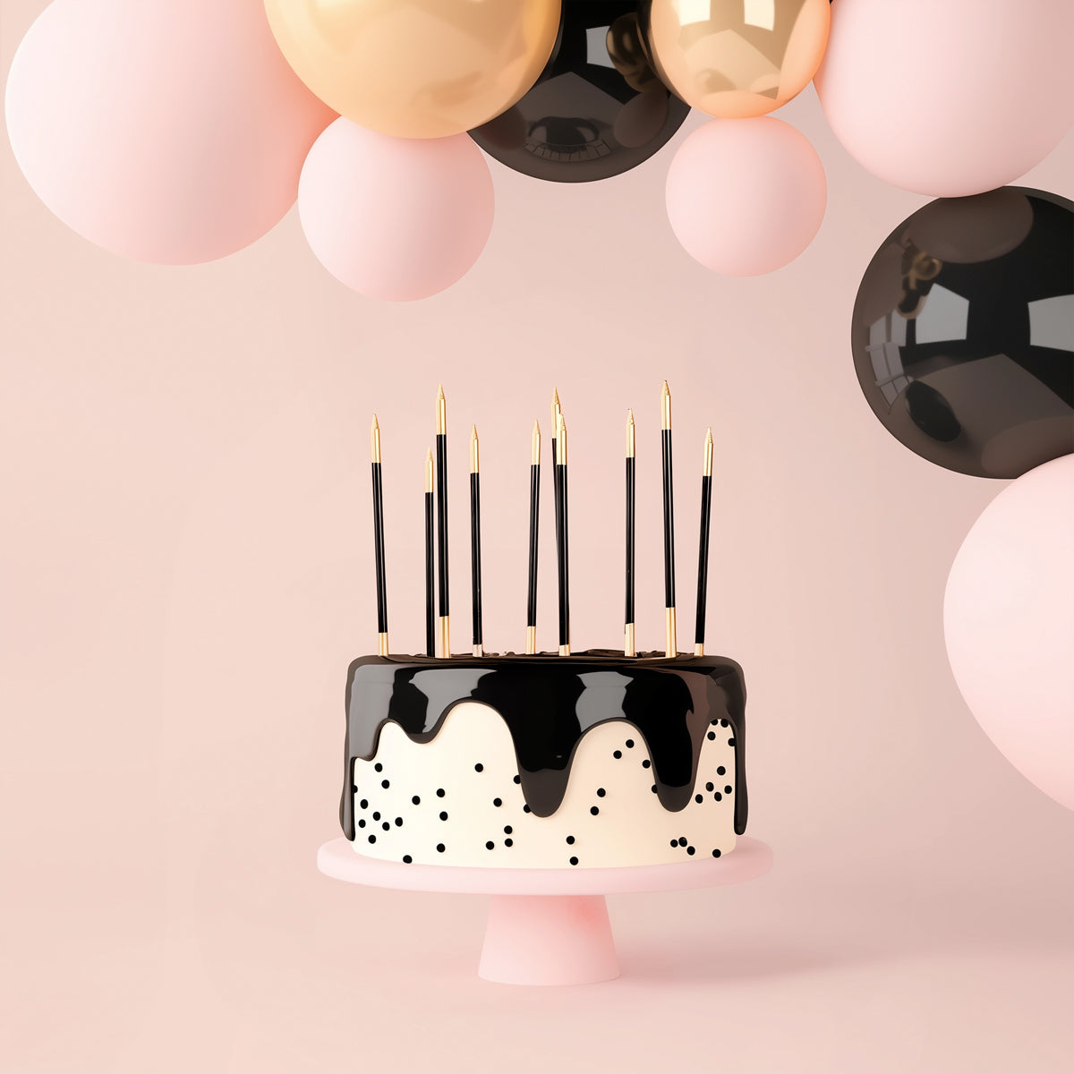 BLACK 15cm GOLD DOUBLE DIPPED Cake Candles (Pkt 12)