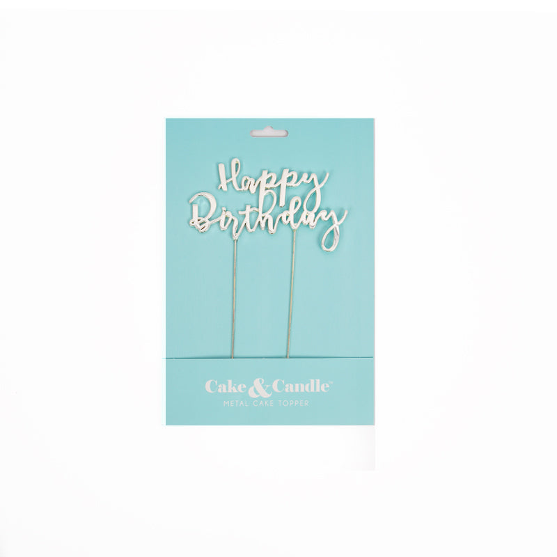 Happy Birthday Cursive Silver Metal Cake Topper