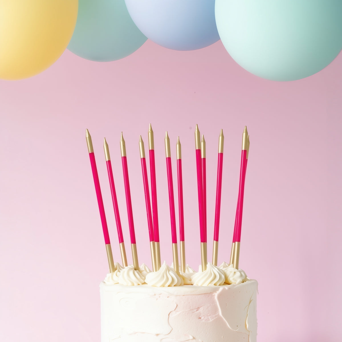 HOT PINK 15cm GOLD DOUBLE DIPPED Cake Candles (Pkt 12)
