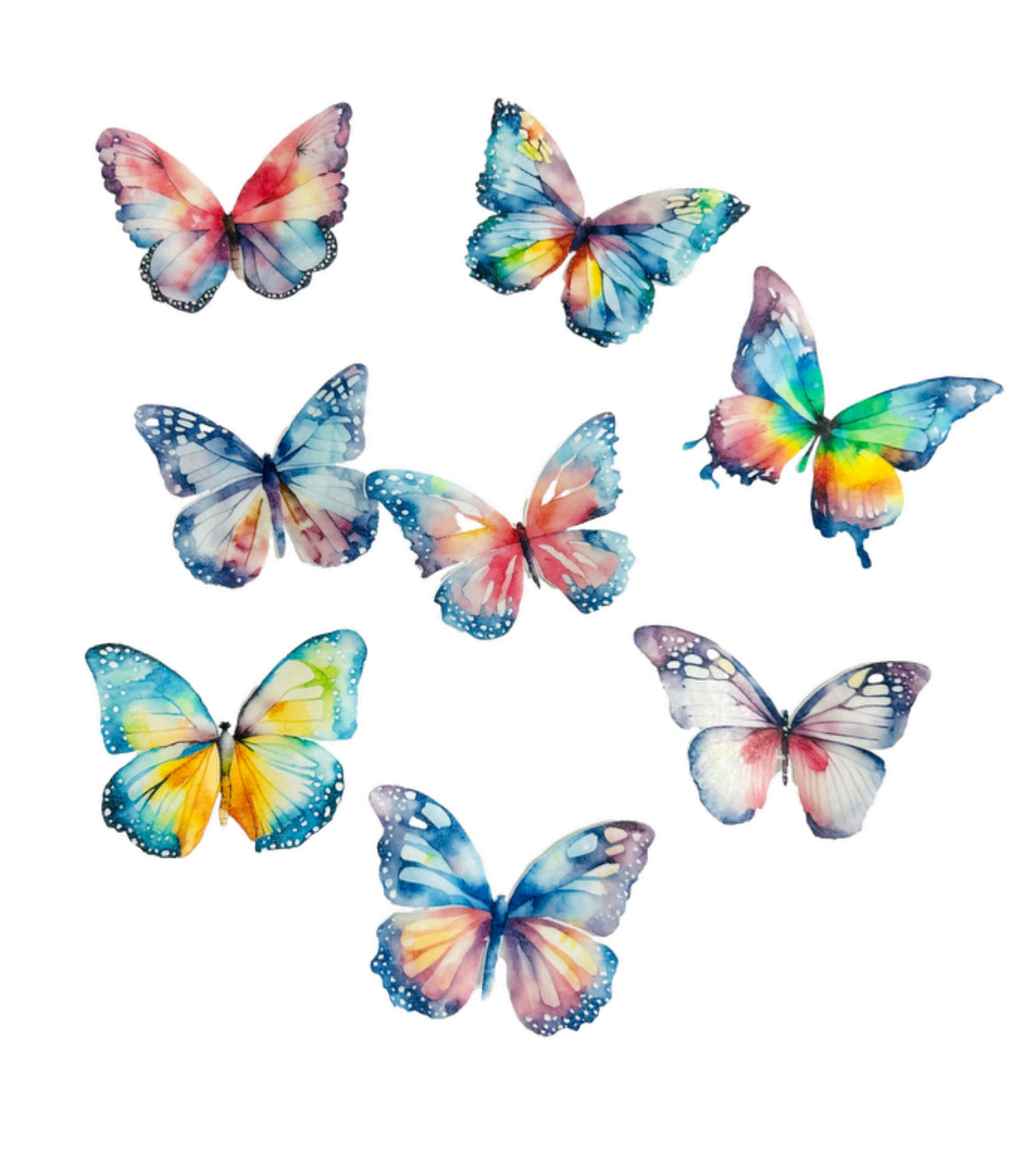 LARGE BRIGHT WATERCOLOUR BUTTERFLIES 8 PK WAFER PAPER