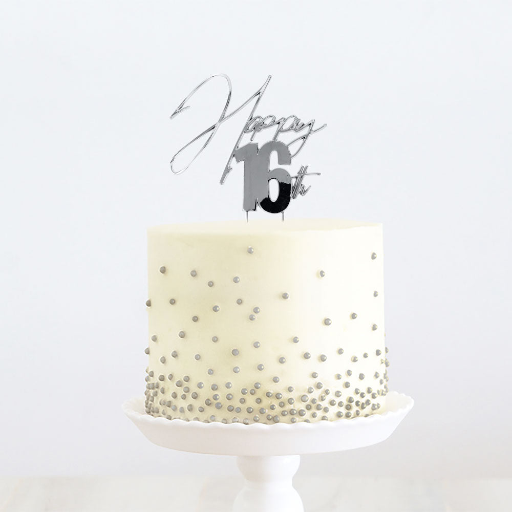 Happy 16th Silver Metal Cake Topper