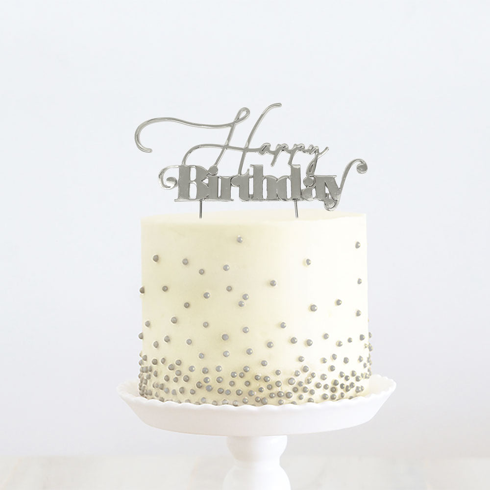 Happy Birthday Silver Metal Cake Topper
