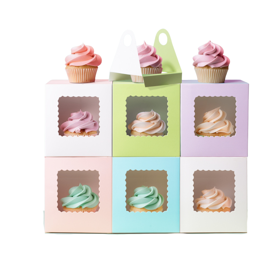 SCALLOPED SINGLE TALL CUPCAKE BOX - MIXED PASTEL 6 PACK