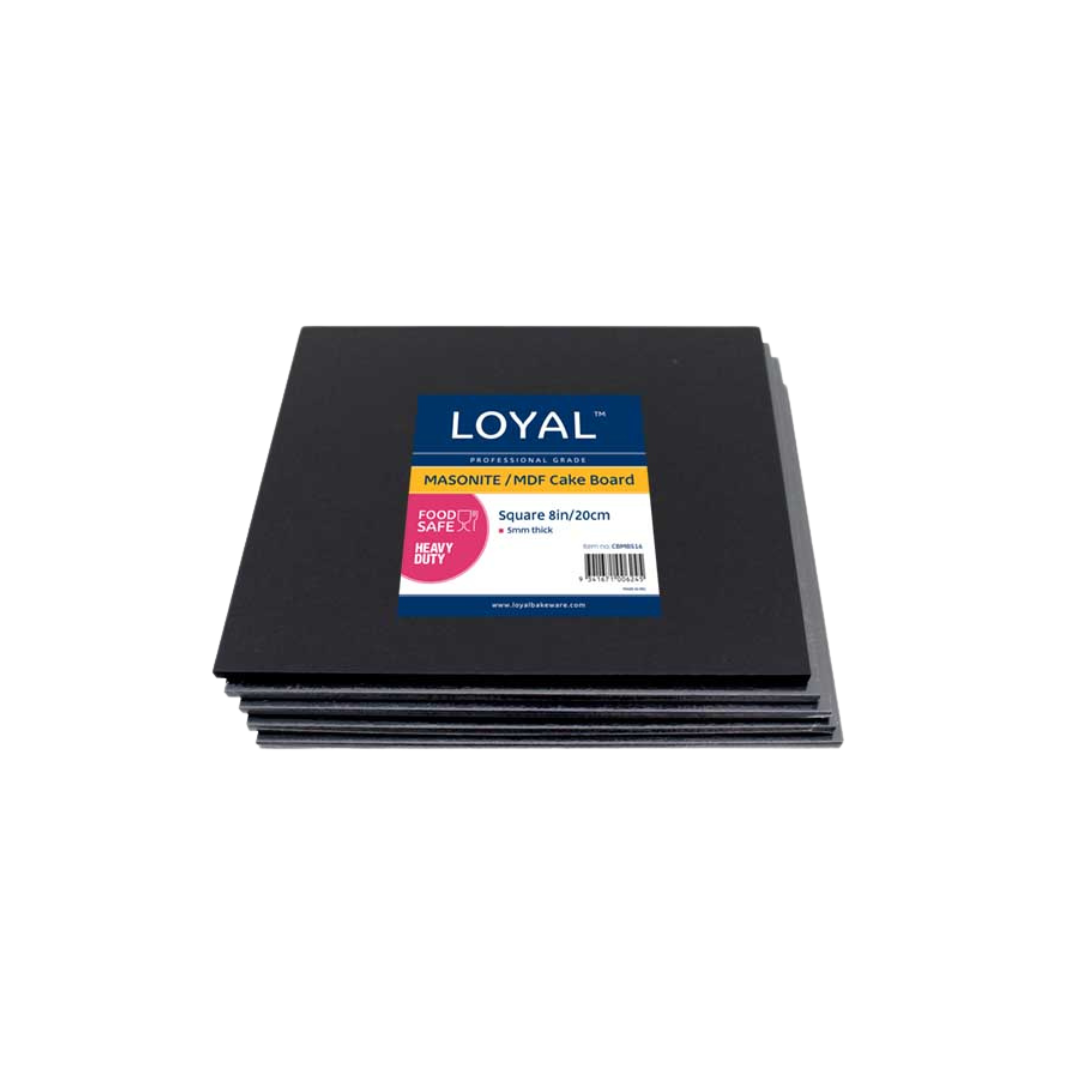 LOYAL 8 INCH SQUARE BLACK MASONITE CAKE BOARD