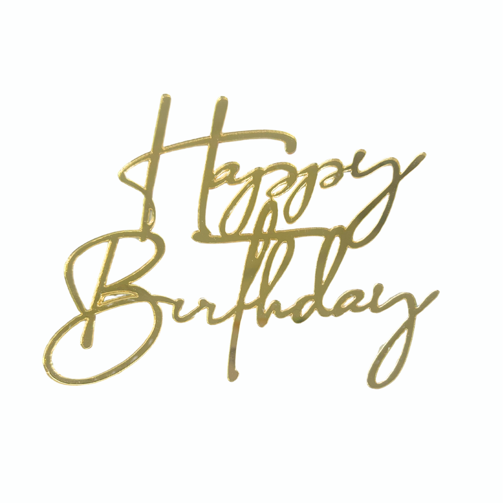 HAPPY BIRTHDAY CURSIVE GOLD CAKE FROPPER 10CM WIDE