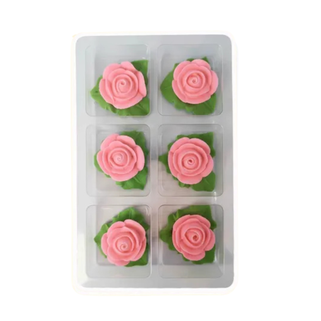 Sugar Decorations TINY ROSE WITH LEAF PINK 6 PIECE