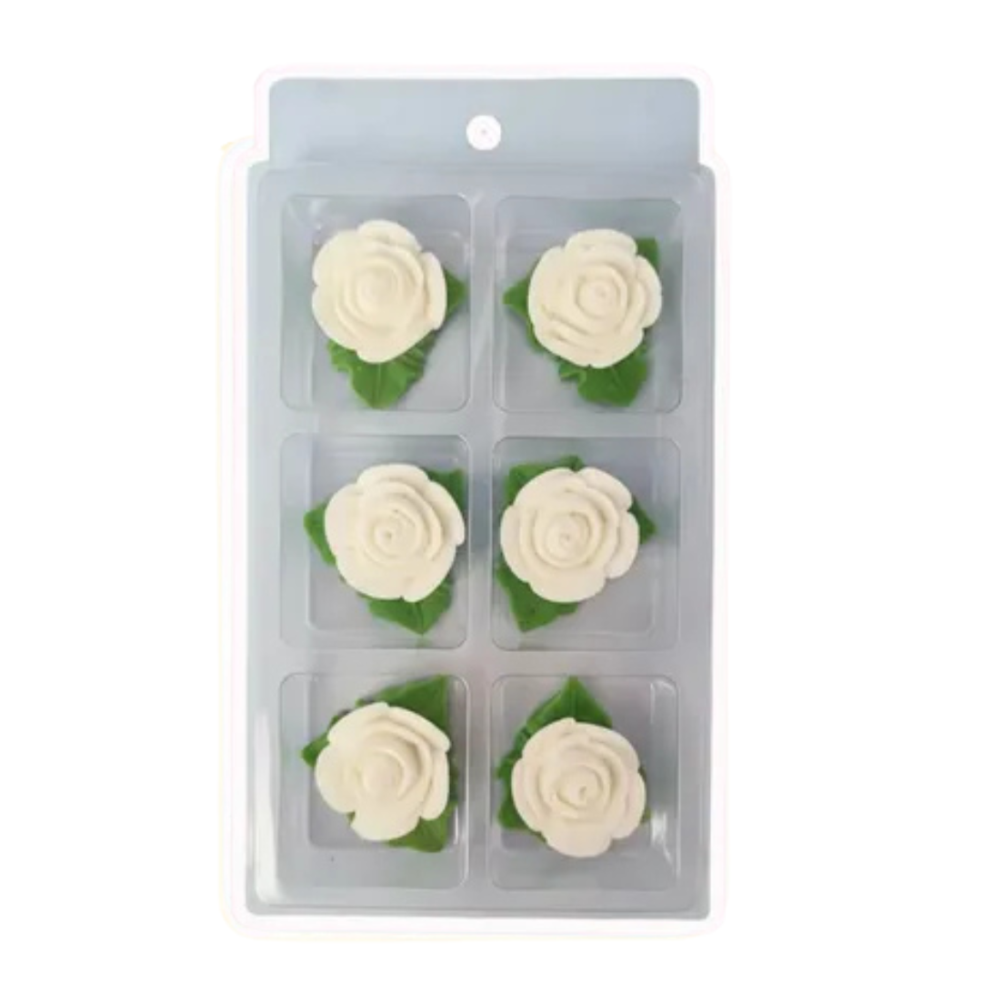 Sugar Decorations TINY ROSE WITH LEAF WHITE 6 PIECE