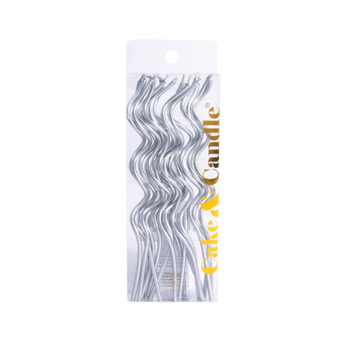 SILVER 13cm SWIRLY Cake Candles (Pkt 16)