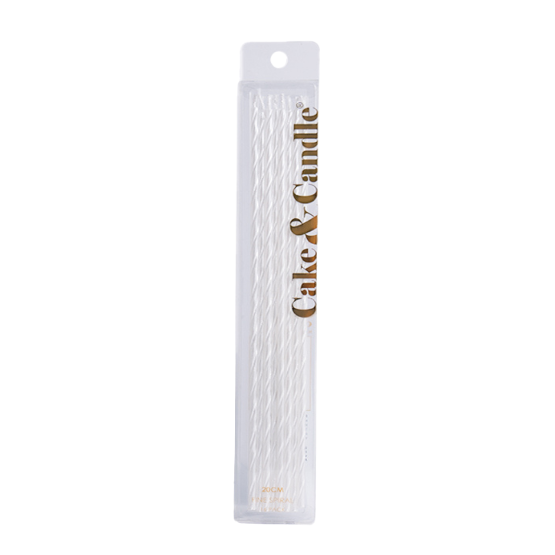 WHITE 20cm FINE SPIRAL Cake Candles (Pkt 16)