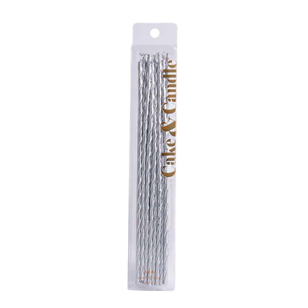SILVER 20cm FINE SPIRAL Cake Candles (Pkt 16)