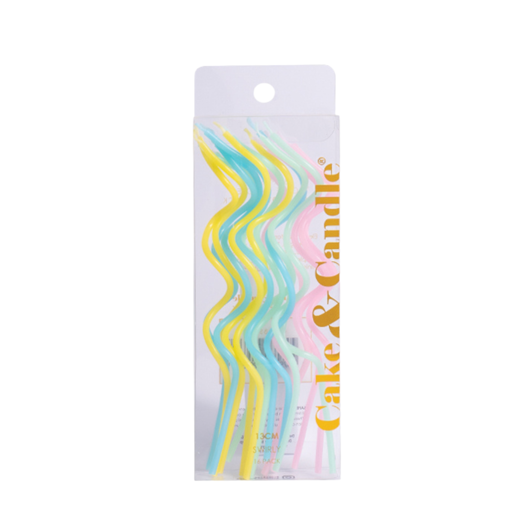 PASTEL RAINBOW 13cm SWIRLY Cake Candles (Pkt 16)