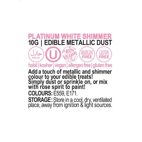 VIVID PLATINUM WHITE SHIMMER EDIBLE METALLIC DUST 10G