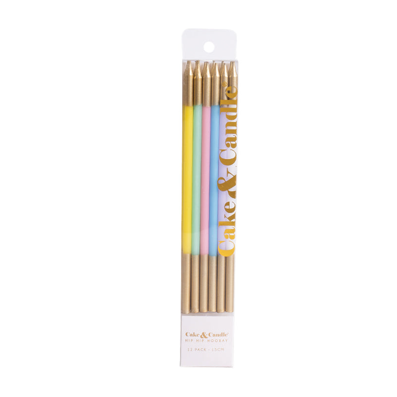 PASTEL MIX 15cm GOLD DOUBLE DIPPED Cake Candles (Pkt 12)