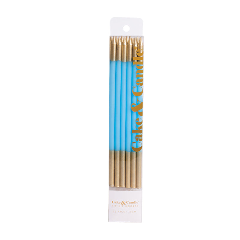 BLUE 15cm GOLD DOUBLE DIPPED Cake Candles (Pkt 12)