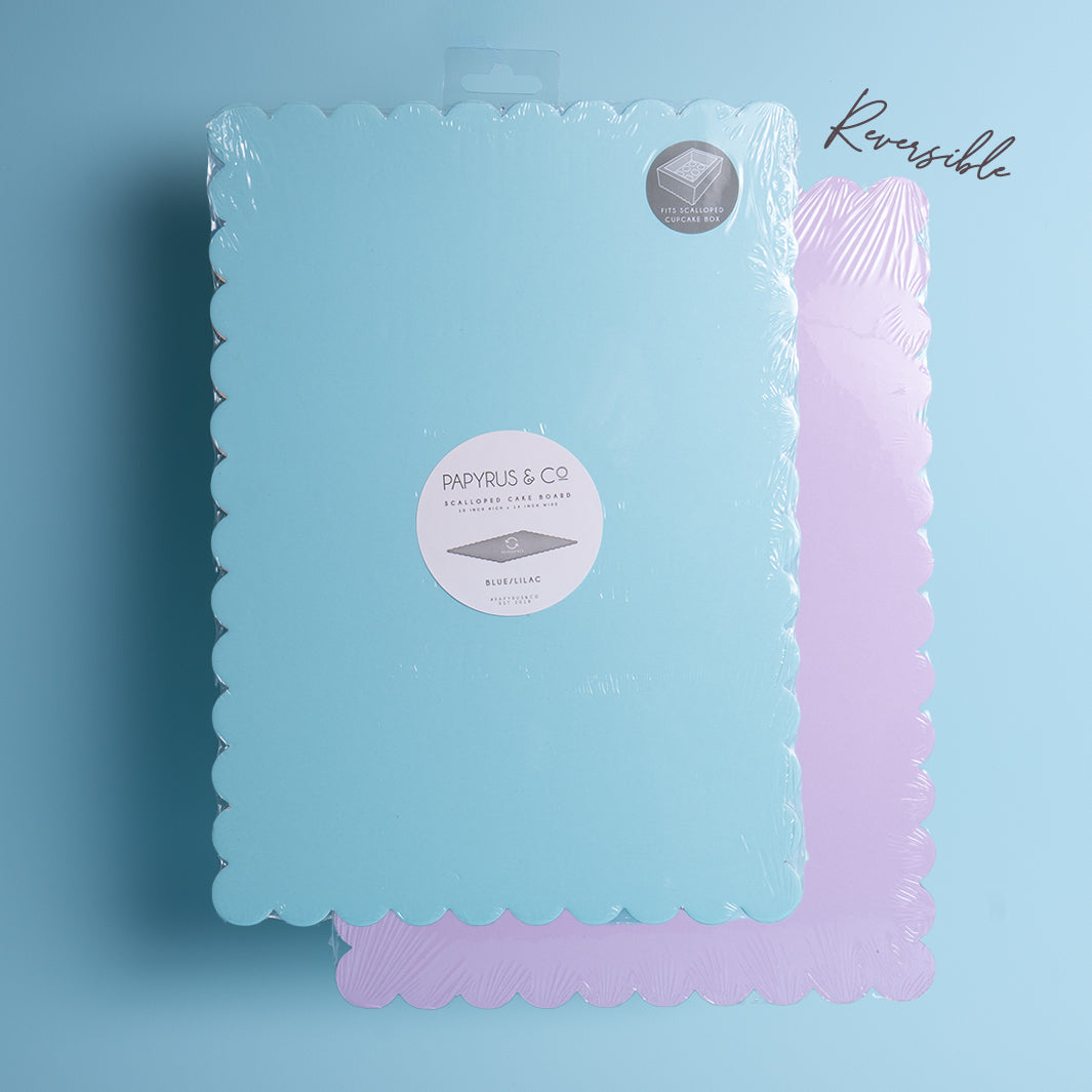 RECTANGLE BLUE &amp; LILAC Dual-Colour Scalloped Cake Board