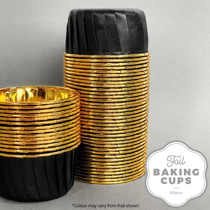 FOIL ROUND BAKING CUP BLACK AND GOLD 50 PACK