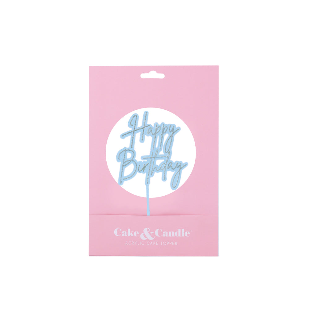 Happy Birthday Silver + Light Blue Layered Cake Topper