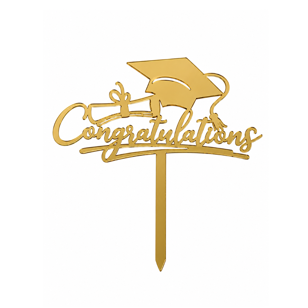 Congratulations + Graduation Cap Gold Acrylic Topper