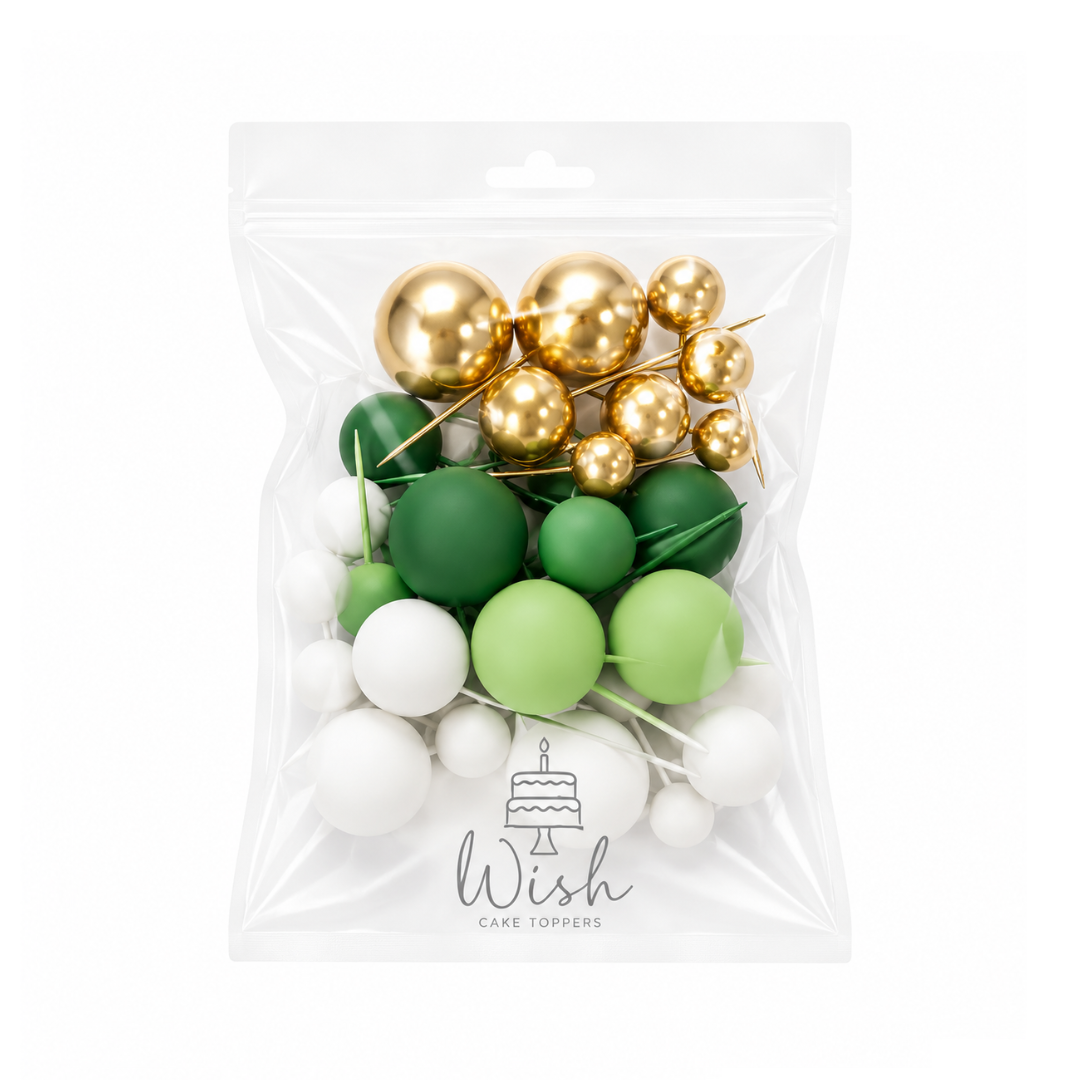 Green, White, Gold Deco Foam Ball Topper Set 32pce