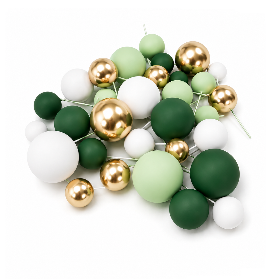 Green, White, Gold Deco Foam Ball Topper Set 32pce