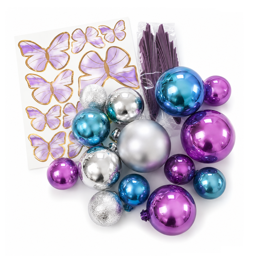 Blue, Purple & Silver Deco Ball, Fan & Butterfly Topper Set