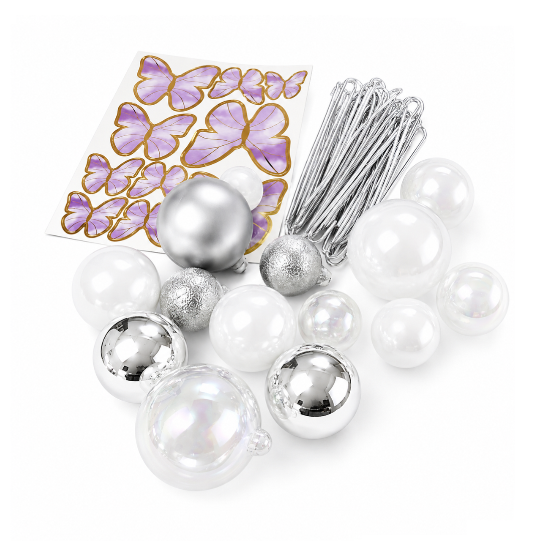 Clear, White & Silver Deco Ball, Fan & Butterfly Topper Set