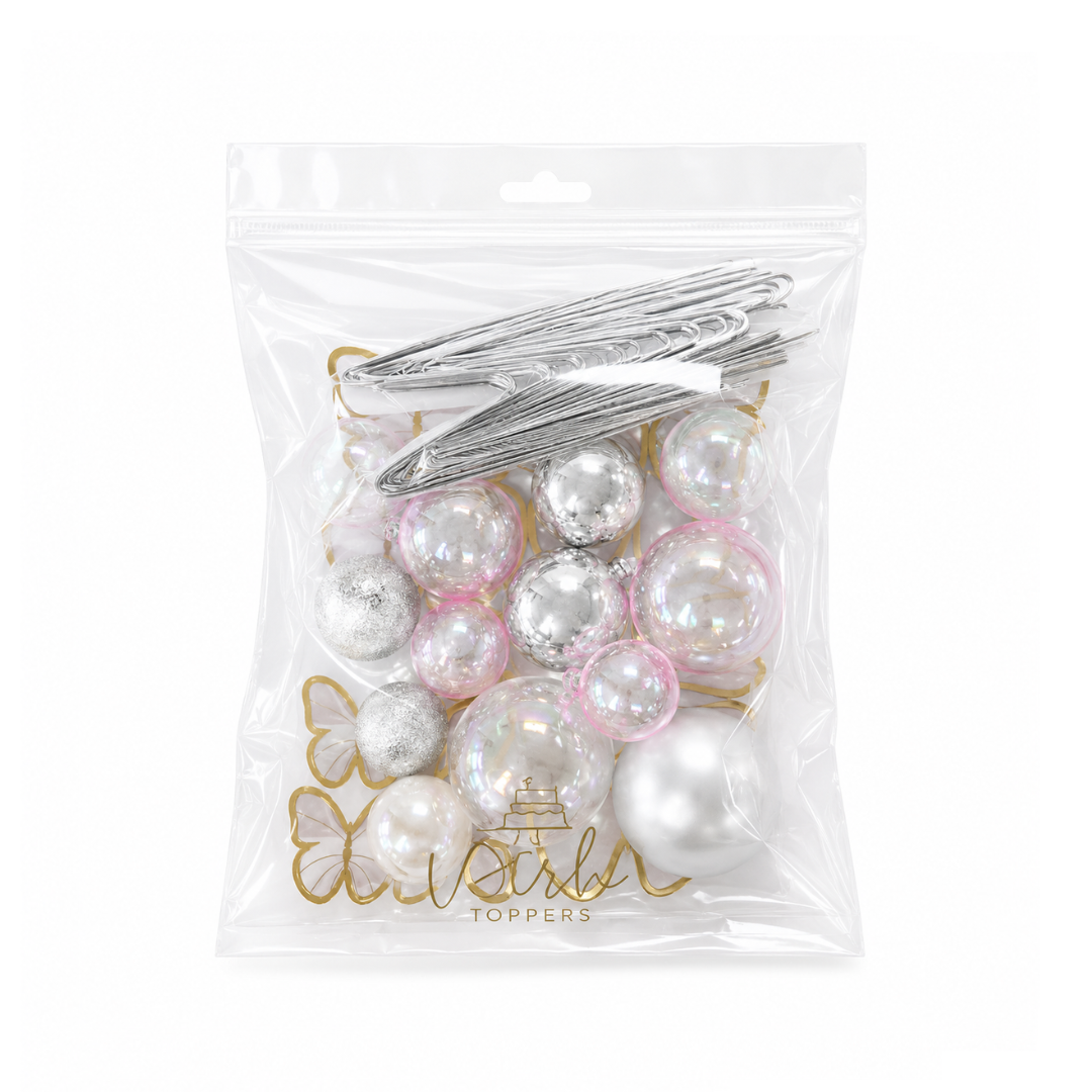 Clear, Pink & Silver Deco Ball, Fan & Butterfly Topper Set