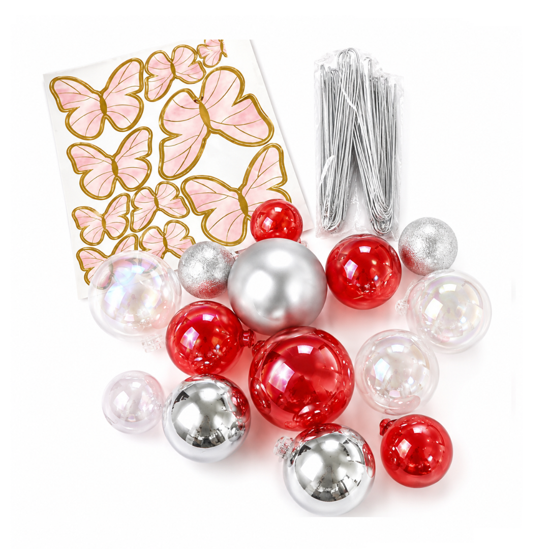 Clear, Red & Silver Deco Ball, Fan & Butterfly Topper Set
