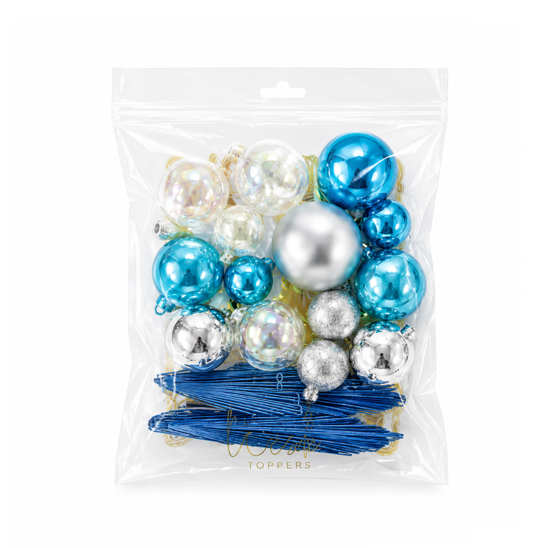 Clear, Blue & Silver Deco Ball, Fan & Butterfly Topper Set