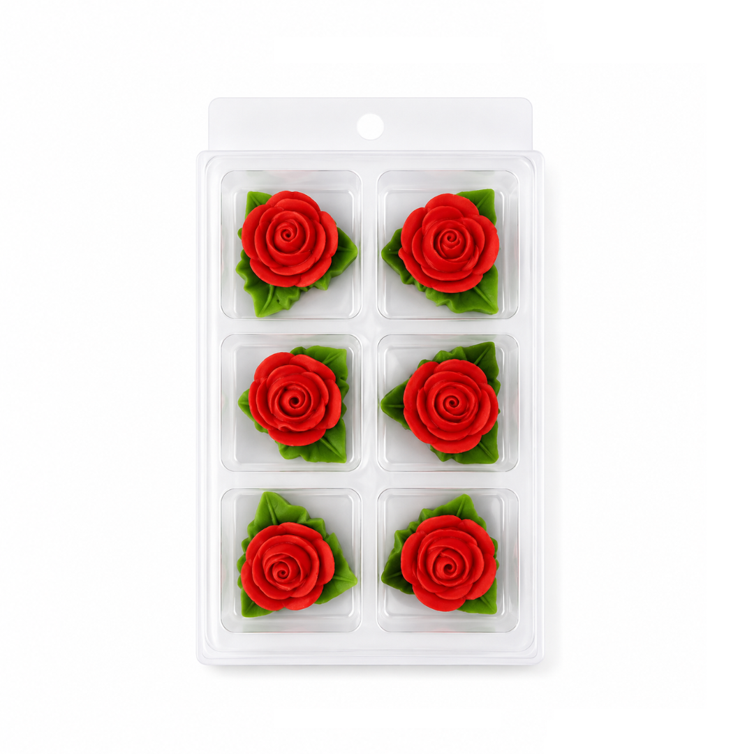 Sugar Decorations Tiny Red Rose W Leaf 6 Piece