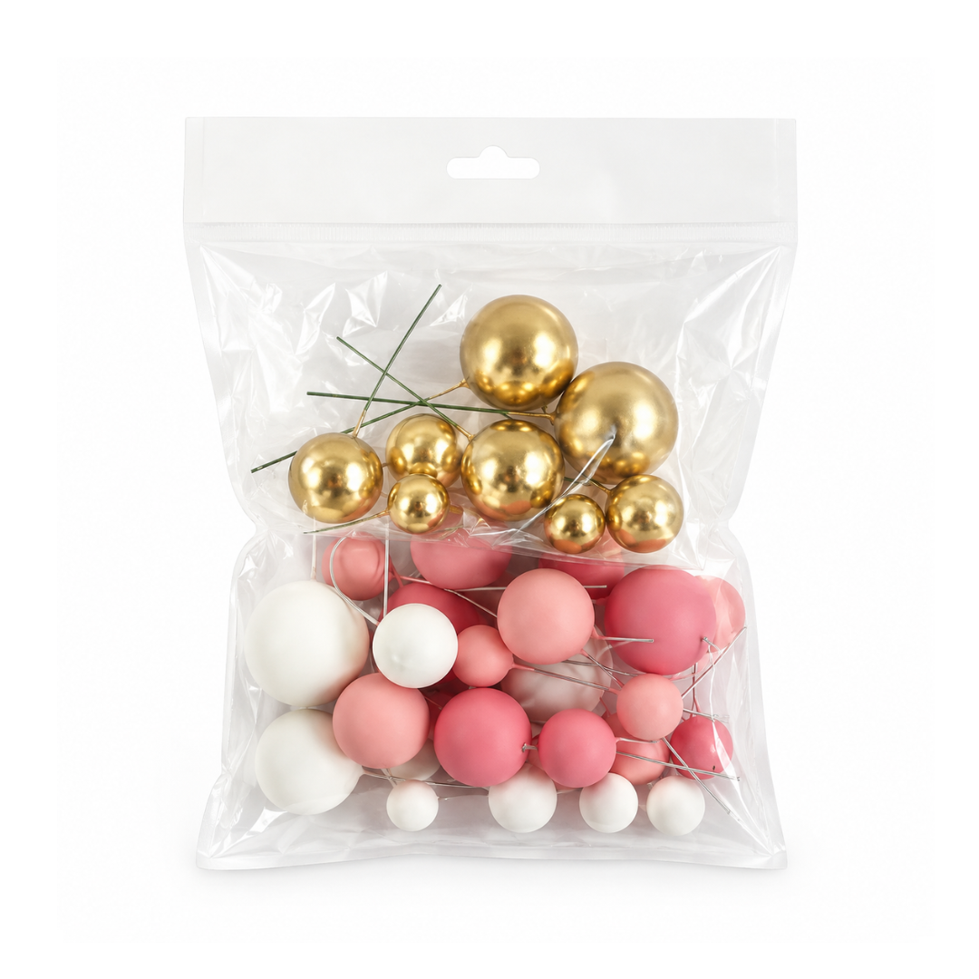 PINK, WHITE & GOLD FOAM BALL TOPPER 32 PACK