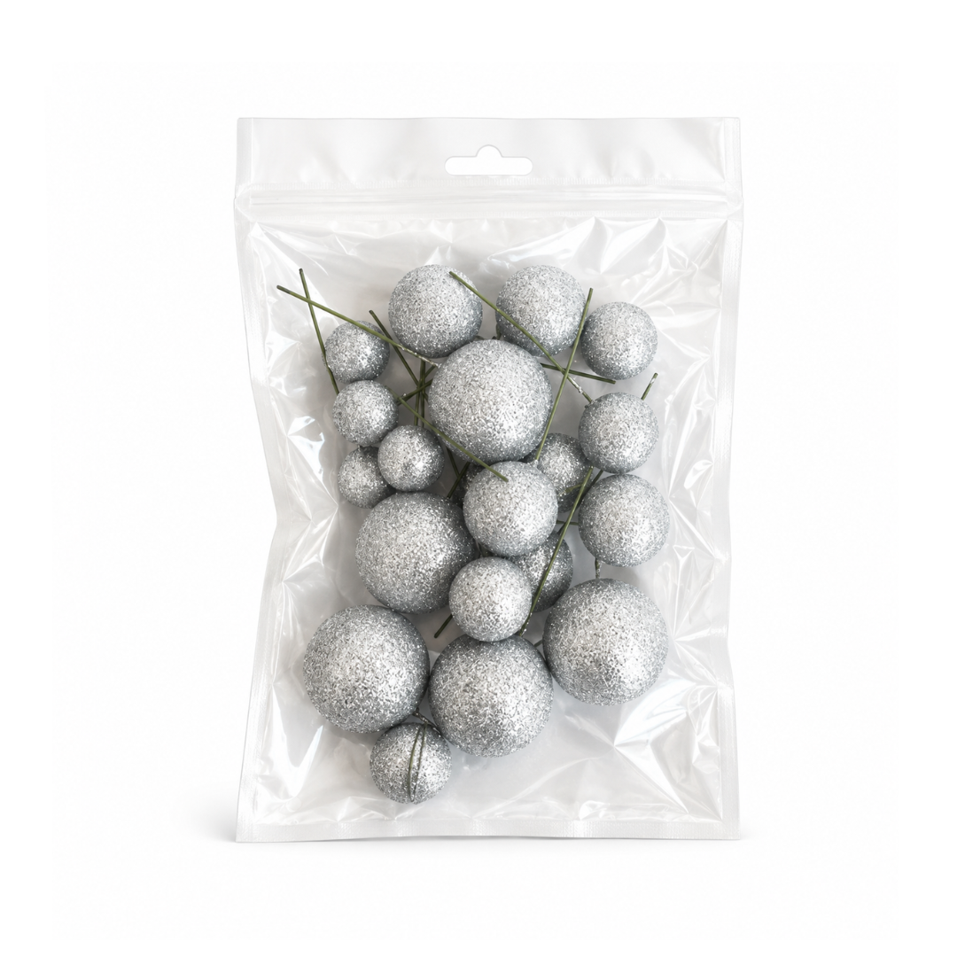 Glitter Silver Foam Ball Topper 20 Pack