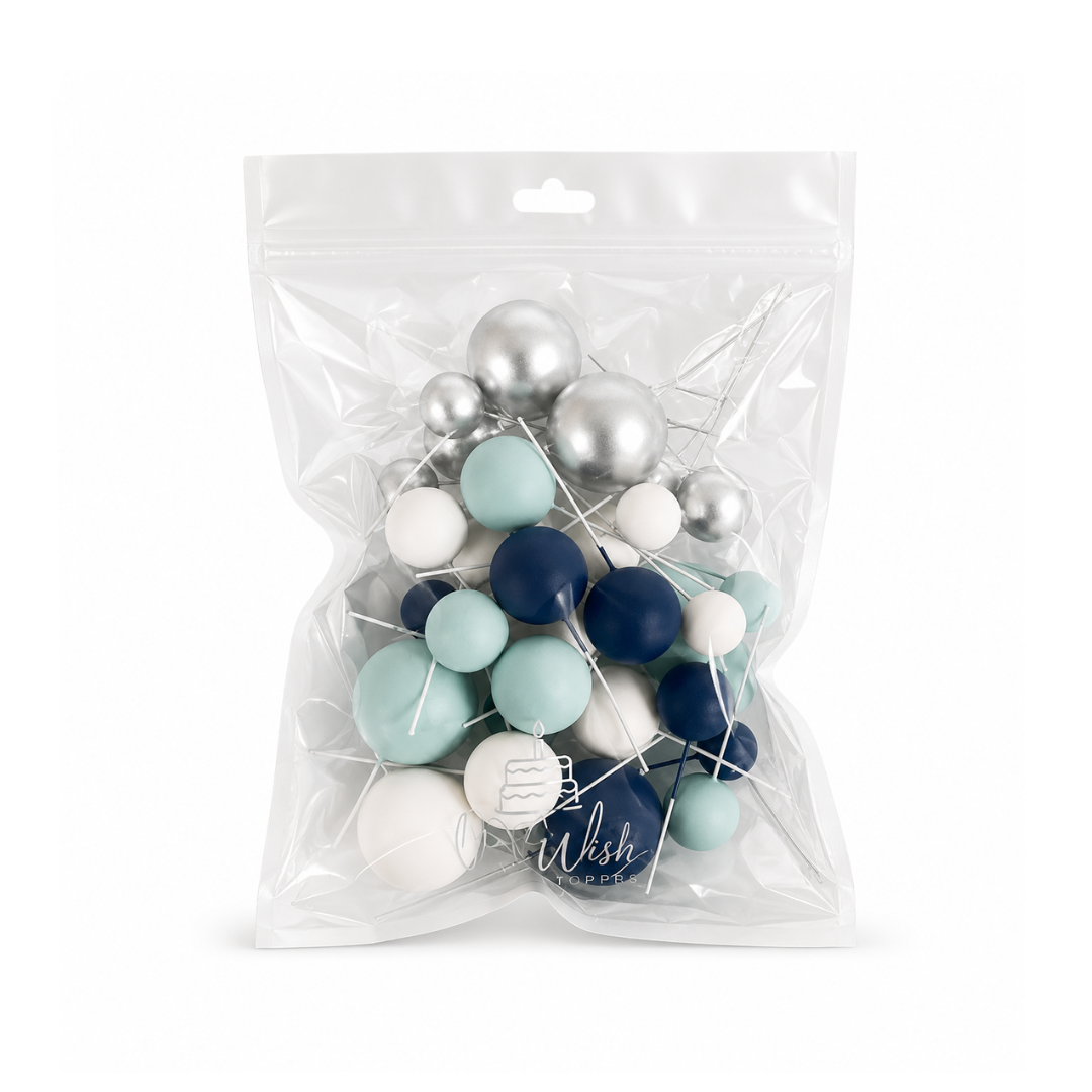 Blue, White & Silver Foam Ball Topper 32 Pack