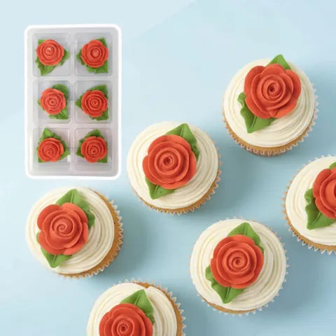 Sugar Decorations TINY ROSE WITH LEAF RED 6 PIECE
