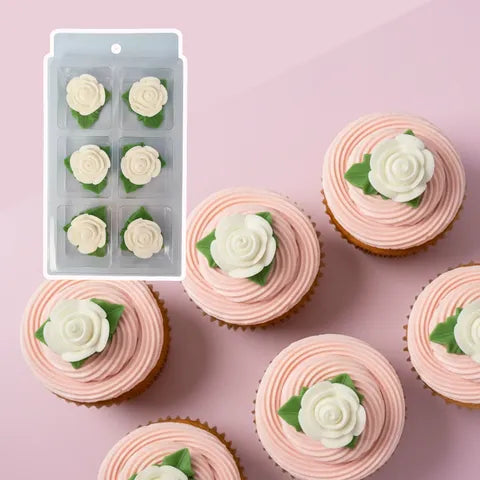 Sugar Decorations TINY ROSE WITH LEAF WHITE 6 PIECE