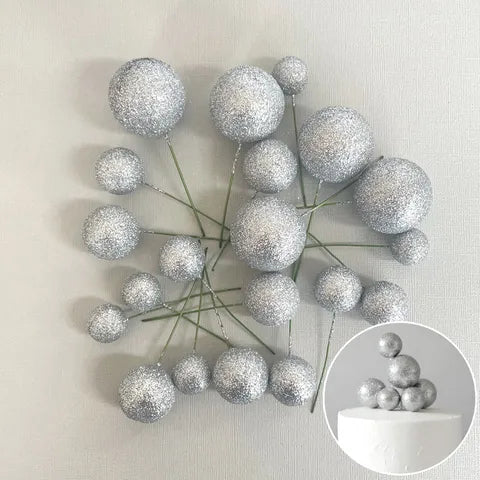 GLITTER SILVER FOAM BALL TOPPER 20 PACK