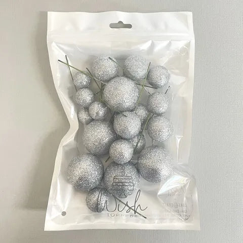 GLITTER SILVER FOAM BALL TOPPER 20 PACK