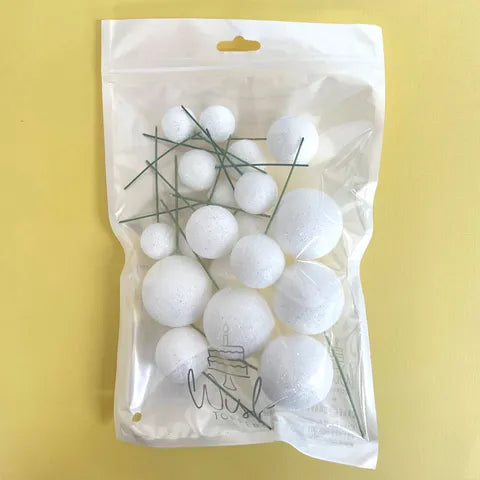 GLITTER WHITE FOAM BALL TOPPER 20 PACK