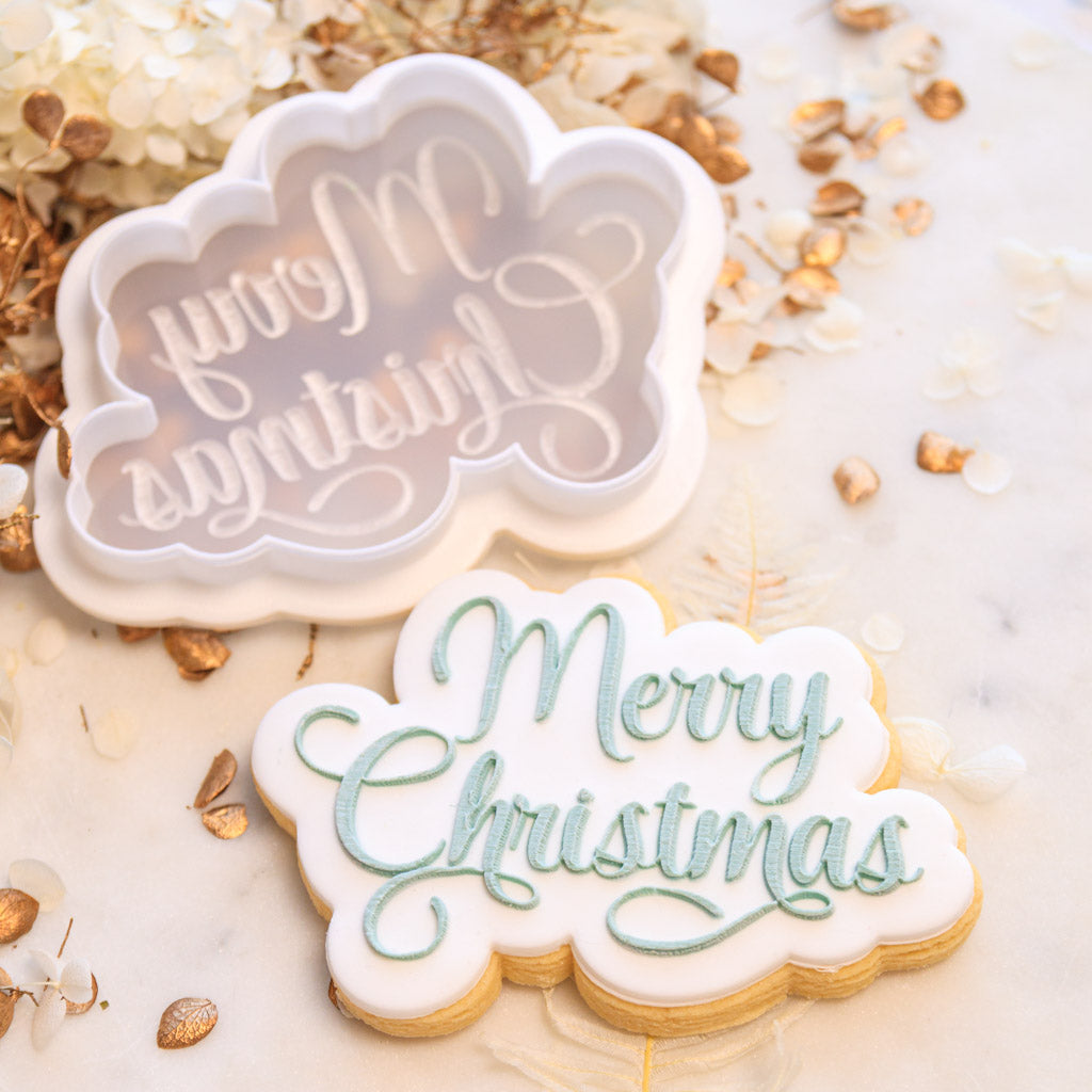 Lulu &amp; Stone LARGE MERRY CHRISTMAS COOKIE STAMP + CUTTER SET